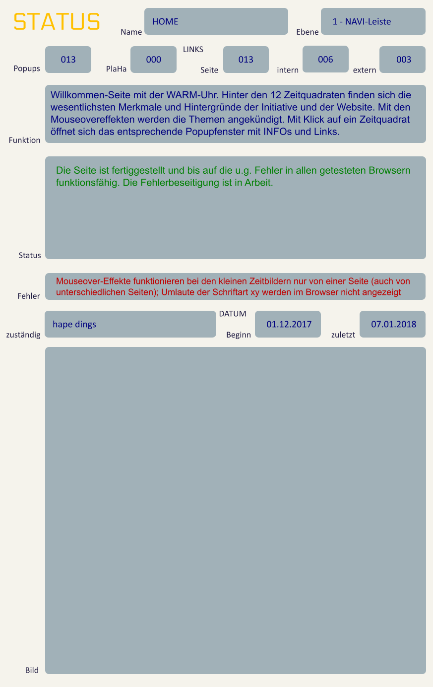 STATUS Name HOME Ebene 1 - NAVI-Leiste Popups 013 PlaHa 000 LINKS Seite 013 intern 006 extern 003 Funktion Willkommen-Seite mit der WARM-Uhr. Hinter den 12 Zeitquadraten finden sich die wesentlichsten Merkmale und Hintergründe der Initiative und der Website. Mit den Mouseovereffekten werden die Themen angekündigt. Mit Klick auf ein Zeitquadrat öffnet sich das entsprechende Popupfenster mit INFOs und Links. Status Die Seite ist fertiggestellt und bis auf die u.g. Fehler in allen getesteten Browsern funktionsfähig. Die Fehlerbeseitigung ist in Arbeit. Fehler Mouseover-Effekte funktionieren bei den kleinen Zeitbildern nur von einer Seite (auch von unterschiedlichen Seiten); Umlaute der Schriftart xy werden im Browser nicht angezeigt zuständig hape dings DATUM Beginn 01.12.2017 zuletzt 07.01.2018 Bild