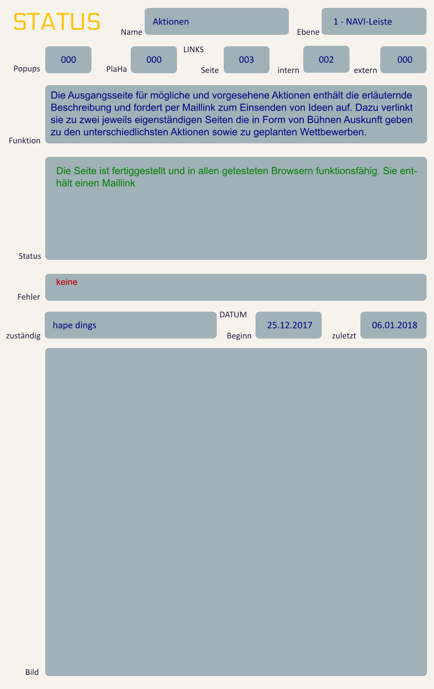 STATUS Name Aktionen Ebene 1 - NAVI-Leiste Popups 000 PlaHa 000 LINKS Seite 003 intern 002 extern 000 Funktion Die Ausgangsseite für mögliche und vorgesehene Aktionen enthält die erläuternde Beschreibung und fordert per Maillink zum Einsenden von Ideen auf. Dazu verlinkt sie zu zwei jeweils eigenständigen Seiten die in Form von Bühnen Auskunft geben zu den unterschiedlichsten Aktionen sowie zu geplanten Wettbewerben.  Status Die Seite ist fertiggestellt und in allen getesteten Browsern funktionsfähig. Sie ent-hält einen Maillink Fehler keine zuständig hape dings DATUM Beginn 25.12.2017 zuletzt 06.01.2018 Bild