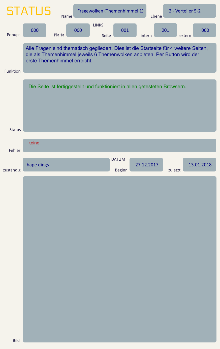 STATUS Name Fragewolken (Themenhimmel 1) Ebene 2 - Verteiler 5-2 Popups 000 PlaHa 000 LINKS Seite 001 intern 001 extern 000 Funktion Alle Fragen sind thematisch gegliedert. Dies ist die Startseite für 4 weitere Seiten, die als Themenhimmel jeweils 6 Themenwolken anbieten. Per Button wird der erste Themenhimmel erreicht. Status Die Seite ist fertiggestellt und funktioniert in allen getesteten Browsern. Fehler keine zuständig hape dings DATUM Beginn 27.12.2017 zuletzt 13.01.2018 Bild