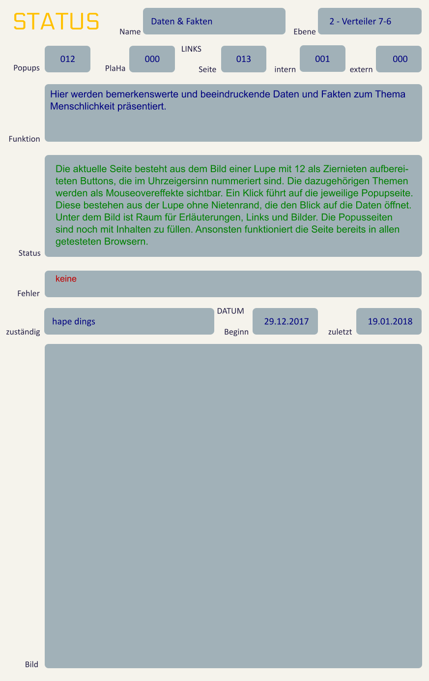 STATUS Name Daten & Fakten Ebene 2 - Verteiler 7-6 Popups 012 PlaHa 000 LINKS Seite 013 intern 001 extern 000 Funktion Hier werden bemerkenswerte und beeindruckende Daten und Fakten zum Thema Menschlichkeit präsentiert. Status Die aktuelle Seite besteht aus dem Bild einer Lupe mit 12 als Ziernieten aufberei-teten Buttons, die im Uhrzeigersinn nummeriert sind. Die dazugehörigen Themen werden als Mouseovereffekte sichtbar. Ein Klick führt auf die jeweilige Popupseite.  Diese bestehen aus der Lupe ohne Nietenrand, die den Blick auf die Daten öffnet. Unter dem Bild ist Raum für Erläuterungen, Links und Bilder. Die Popusseiten sind noch mit Inhalten zu füllen. Ansonsten funktioniert die Seite bereits in allen getesteten Browsern. Fehler keine zuständig hape dings DATUM Beginn 29.12.2017 zuletzt 19.01.2018 Bild